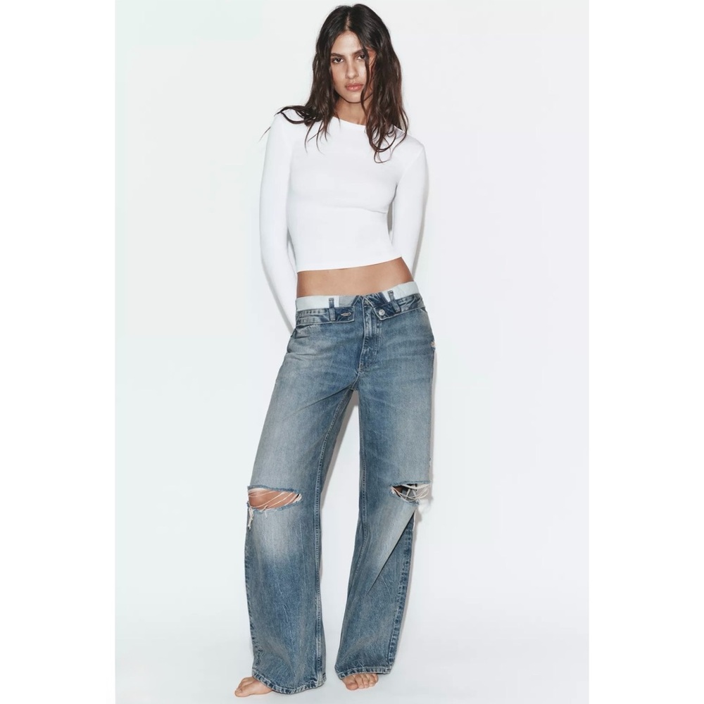 Zara Distressed Wide-Leg Blue Jeans